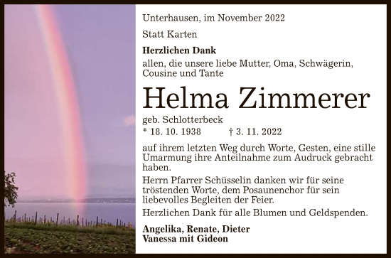 Anzeige von Helma Zimmerer von Reutlinger General-Anzeiger