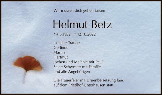 Anzeige von Helmut Betz von Reutlinger General-Anzeiger