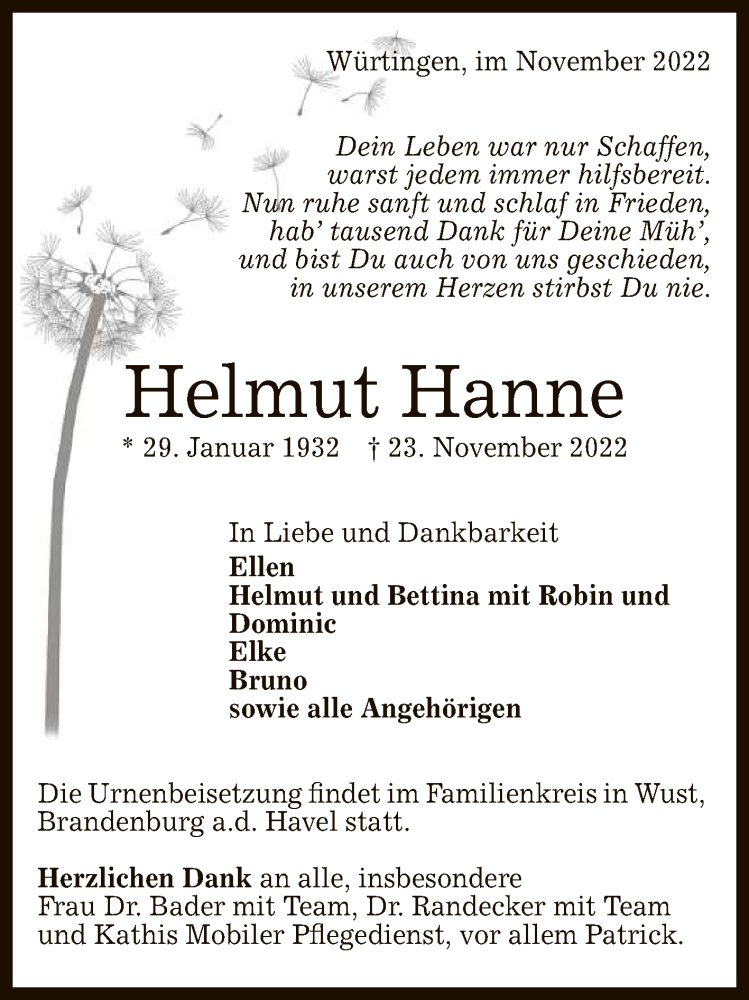  Traueranzeige für Helmut Hanne vom 29.11.2022 aus Reutlinger General-Anzeiger