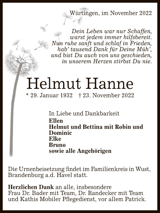 Anzeige von Helmut Hanne von Reutlinger General-Anzeiger