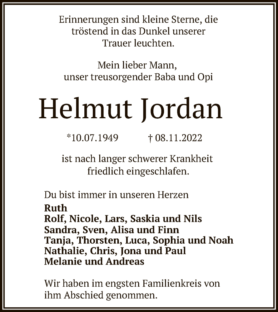  Traueranzeige für Helmut Jordan vom 26.11.2022 aus Reutlinger General-Anzeiger