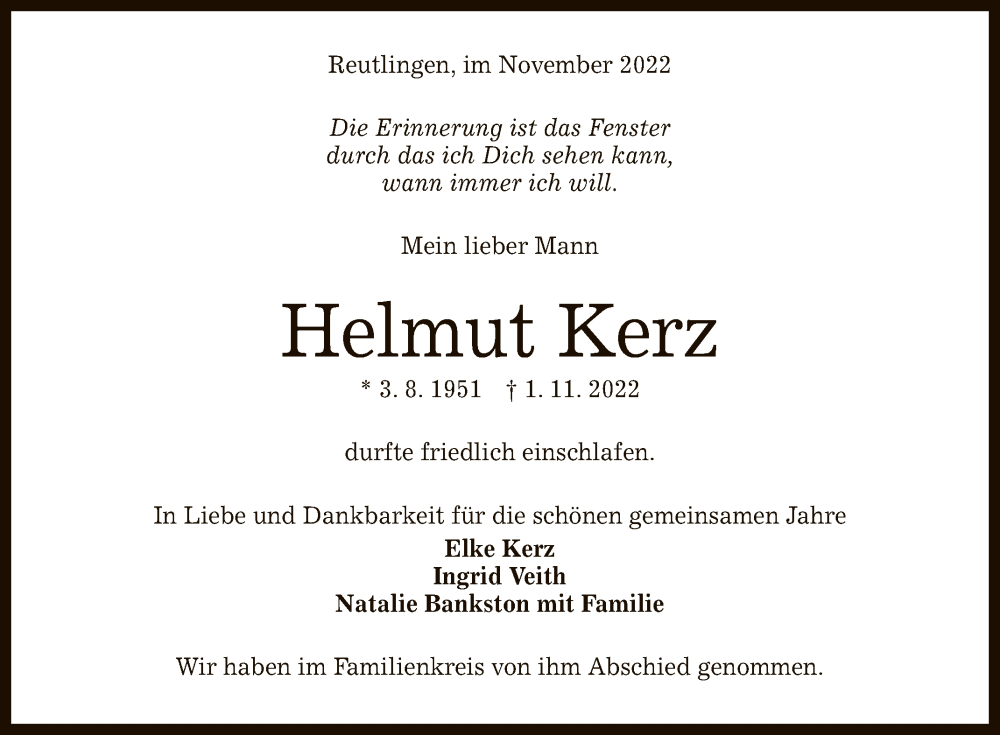  Traueranzeige für Helmut Kerz vom 19.11.2022 aus Reutlinger General-Anzeiger