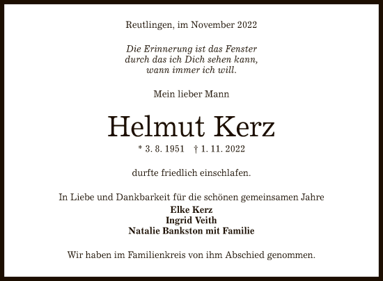 Anzeige von Helmut Kerz von Reutlinger General-Anzeiger