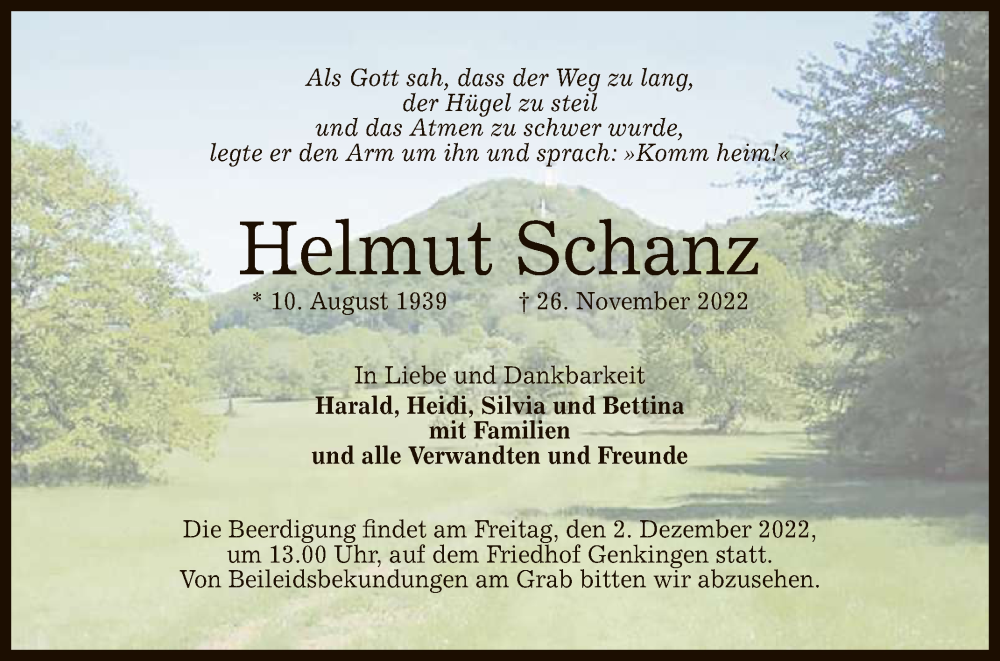  Traueranzeige für Helmut Schanz vom 30.11.2022 aus Reutlinger General-Anzeiger