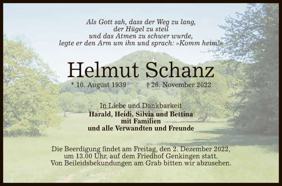 Anzeige von Helmut Schanz von Reutlinger General-Anzeiger