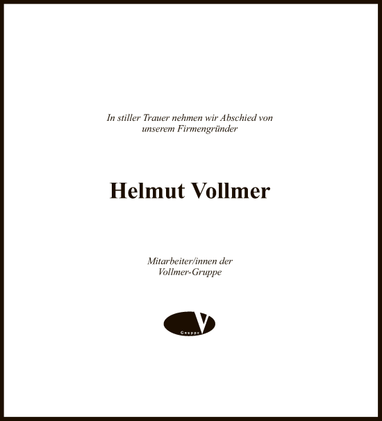 Anzeige von Helmut Vollmer von Reutlinger General-Anzeiger