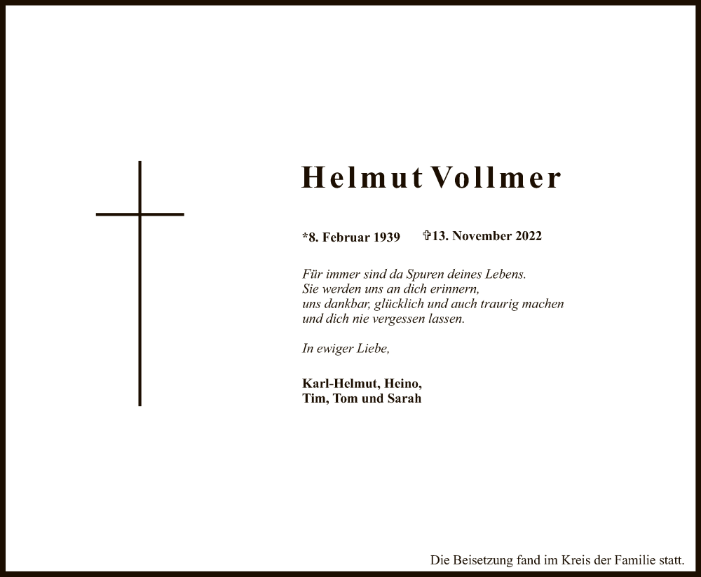  Traueranzeige für Helmut Vollmer vom 26.11.2022 aus Reutlinger General-Anzeiger