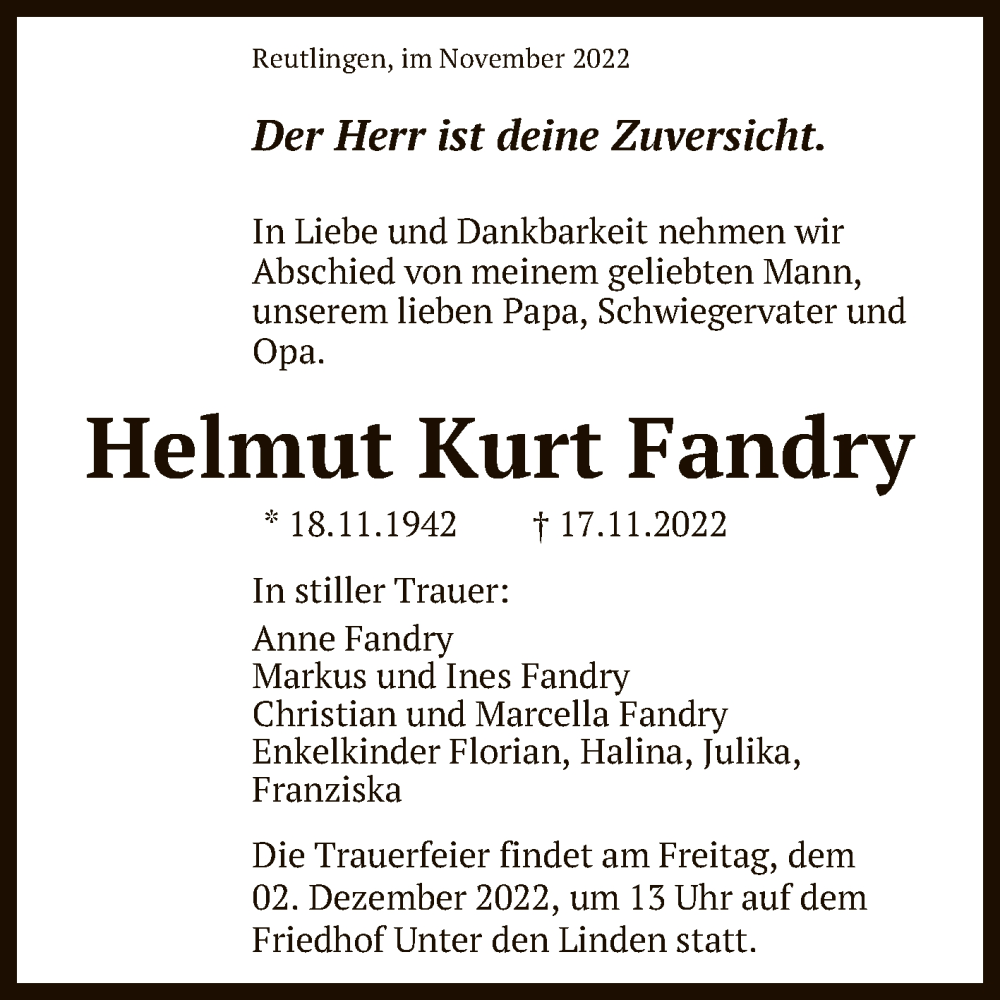  Traueranzeige für Helmut Kurt Fandry vom 22.11.2022 aus Reutlinger General-Anzeiger