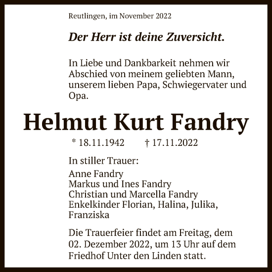 Anzeige von Helmut Kurt Fandry von Reutlinger General-Anzeiger