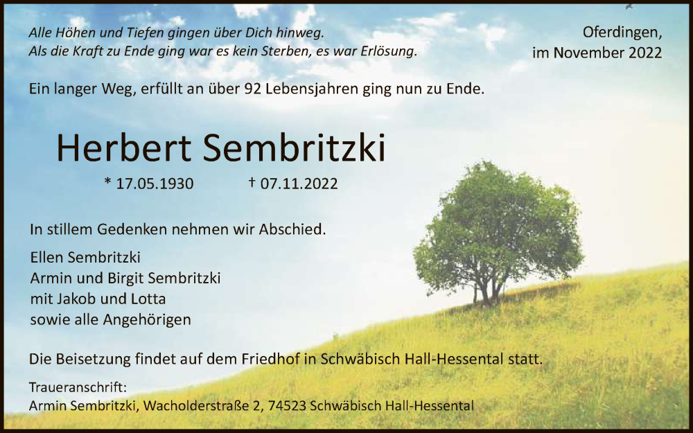  Traueranzeige für Herbert Sembritzki vom 12.11.2022 aus Reutlinger General-Anzeiger