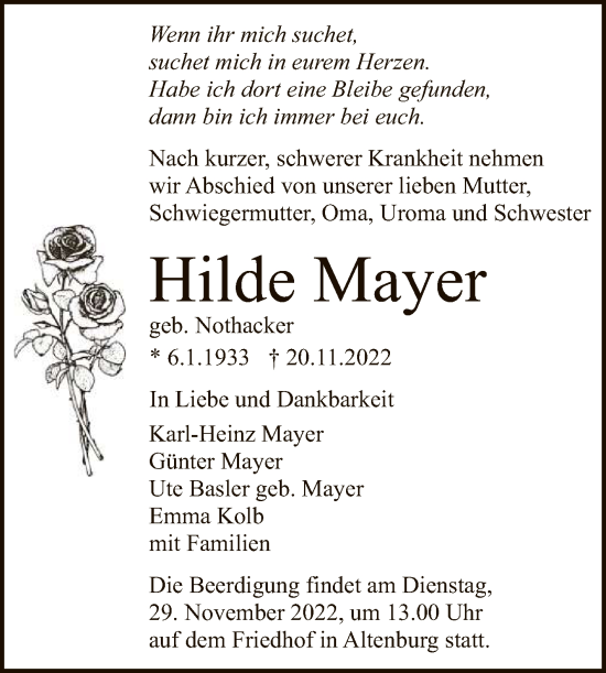 Anzeige von Hilde Mayer von Reutlinger General-Anzeiger