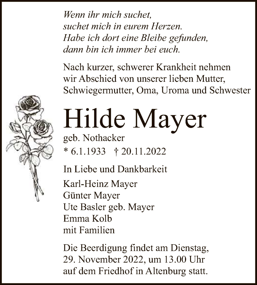  Traueranzeige für Hilde Mayer vom 25.11.2022 aus Reutlinger General-Anzeiger