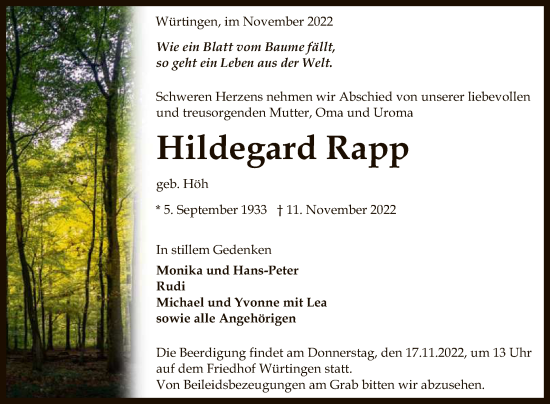 Anzeige von Hildegard Rapp von Reutlinger General-Anzeiger