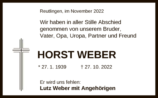 Anzeige von Horst Weber von Reutlinger General-Anzeiger