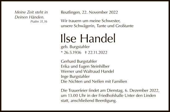 Anzeige von Ilse Handel von Reutlinger General-Anzeiger