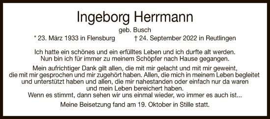 Anzeige von Ingeborg Herrmann von Reutlinger General-Anzeiger