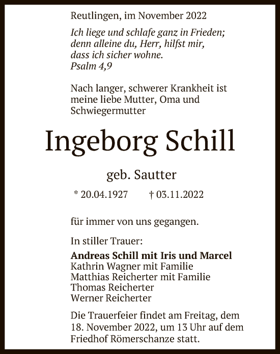 Anzeige von Ingeborg Schill von Reutlinger General-Anzeiger