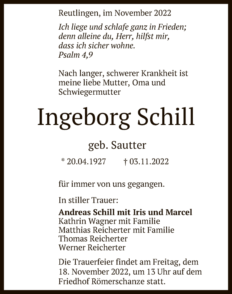  Traueranzeige für Ingeborg Schill vom 12.11.2022 aus Reutlinger General-Anzeiger