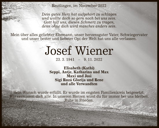 Anzeige von Josef Wiener von Reutlinger General-Anzeiger