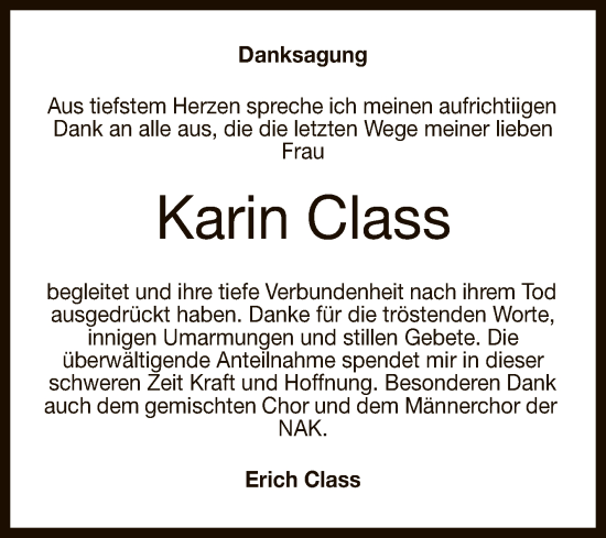 Anzeige von Karin Class von Reutlinger General-Anzeiger