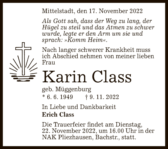 Anzeige von Karin Class von Reutlinger General-Anzeiger