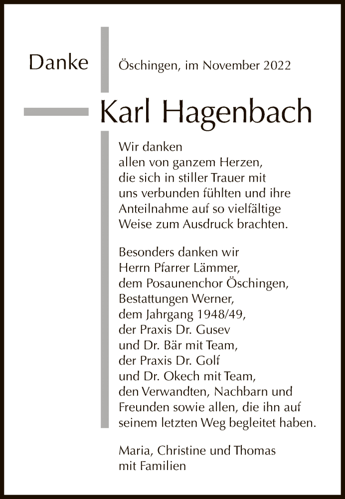  Traueranzeige für Karl Hagenbach vom 24.11.2022 aus Reutlinger General-Anzeiger