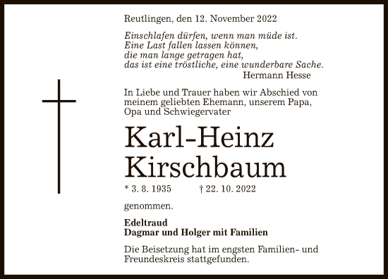 Anzeige von Karl-Heinz Kirschbaum von Reutlinger General-Anzeiger