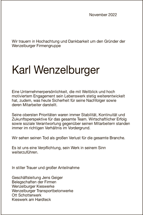 Anzeige von Karl Wenzelburger von Reutlinger General-Anzeiger