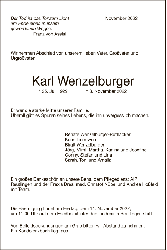 Anzeige von Karl Wenzelburger von Reutlinger General-Anzeiger