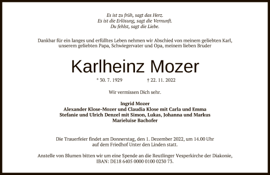 Anzeige von Karlheinz Mozer von Reutlinger General-Anzeiger