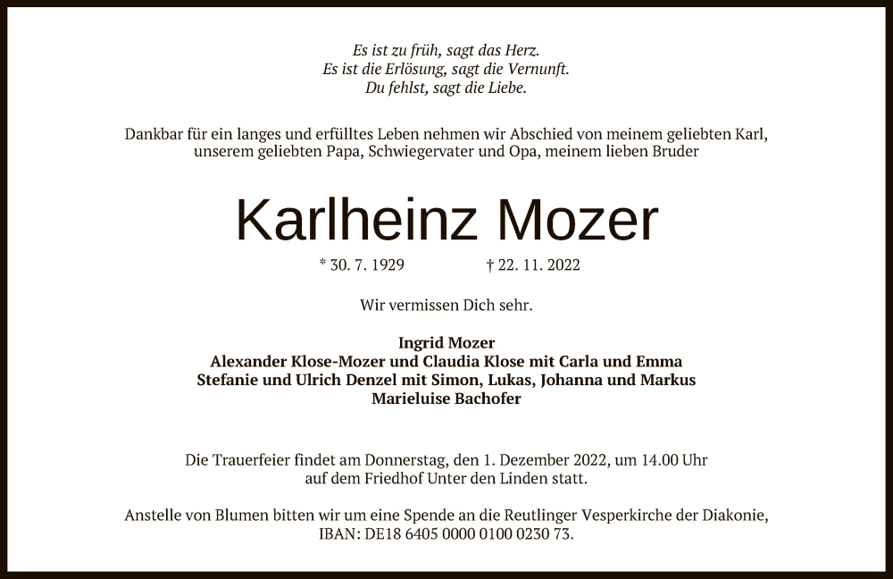  Traueranzeige für Karlheinz Mozer vom 26.11.2022 aus Reutlinger General-Anzeiger