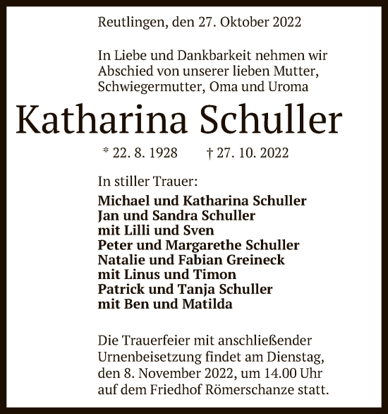 Anzeige von Katharina Schuller von Reutlinger General-Anzeiger