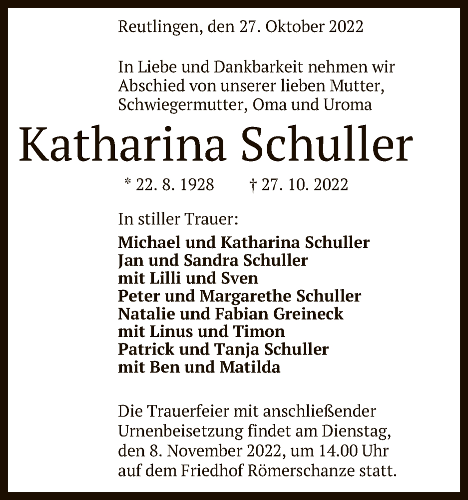  Traueranzeige für Katharina Schuller vom 05.11.2022 aus Reutlinger General-Anzeiger