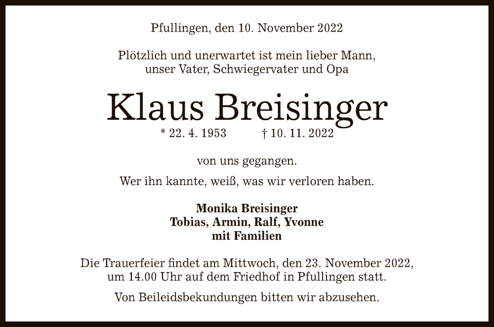  Traueranzeige für Klaus Breisinger vom 19.11.2022 aus Reutlinger General-Anzeiger