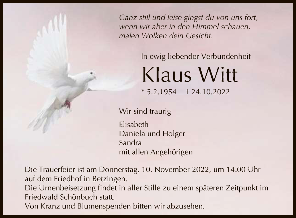  Traueranzeige für Klaus Witt vom 05.11.2022 aus Reutlinger General-Anzeiger