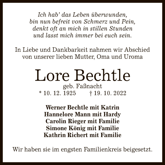 Anzeige von Lore Bechtle von Reutlinger General-Anzeiger