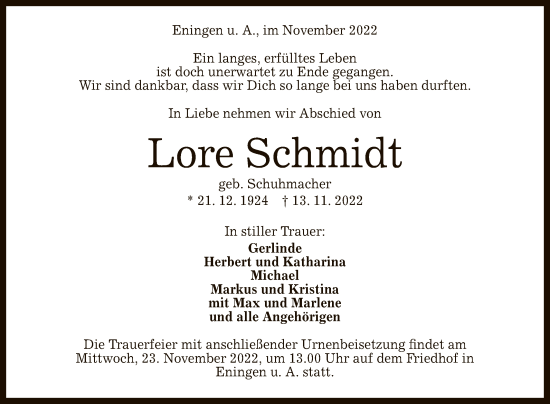 Anzeige von Lore Schmidt von Reutlinger General-Anzeiger