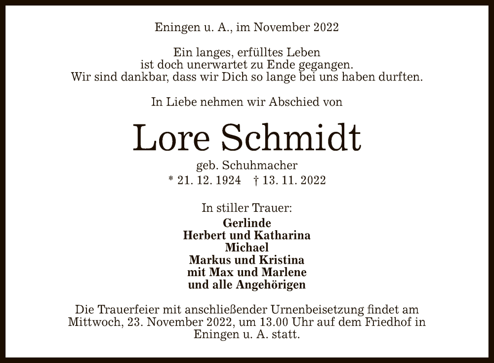  Traueranzeige für Lore Schmidt vom 22.11.2022 aus Reutlinger General-Anzeiger