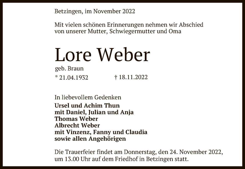  Traueranzeige für Lore Weber vom 22.11.2022 aus Reutlinger General-Anzeiger
