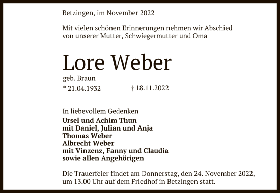 Anzeige von Lore Weber von Reutlinger General-Anzeiger