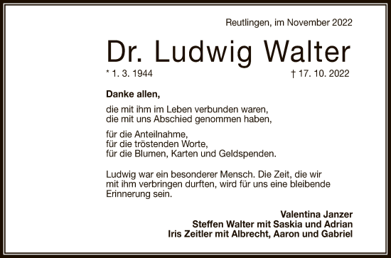 Anzeige von Ludwig Walter von Reutlinger General-Anzeiger