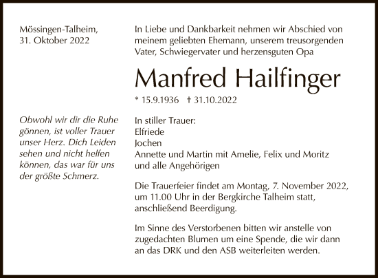 Anzeige von Manfred Hailfinger von Reutlinger General-Anzeiger