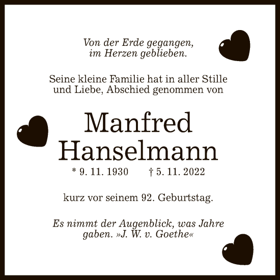 Anzeige von Manfred Hanselmann von Reutlinger General-Anzeiger