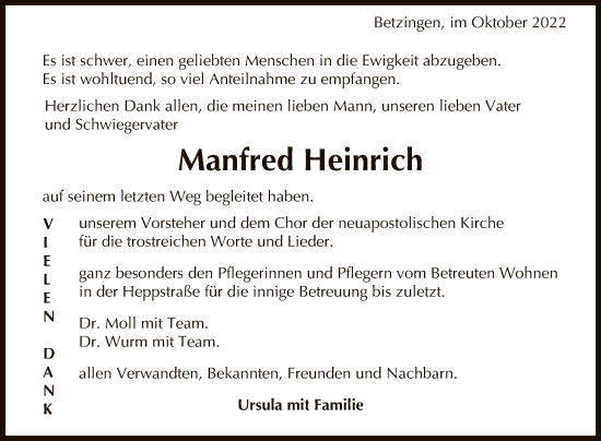 Anzeige von Manfred Heinrich von Reutlinger General-Anzeiger