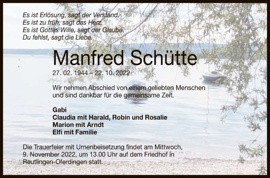Anzeige von Manfred Schütte von Reutlinger General-Anzeiger