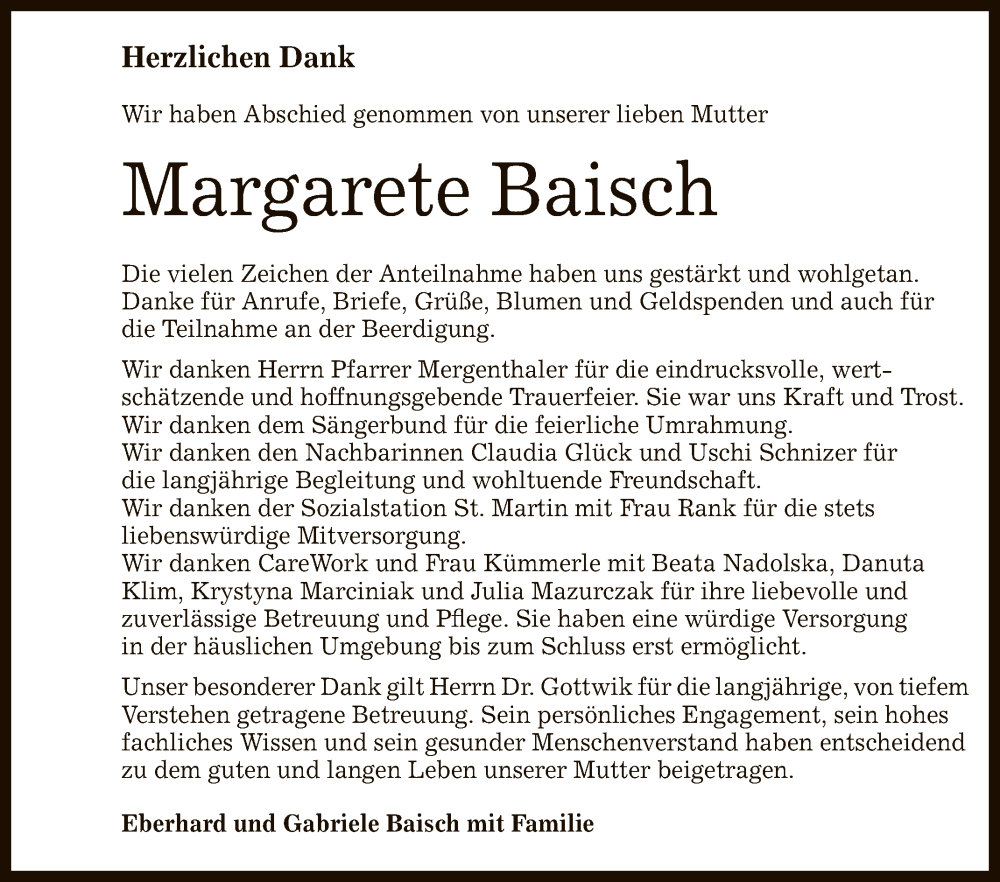  Traueranzeige für Margarete Baisch vom 19.11.2022 aus Reutlinger General-Anzeiger
