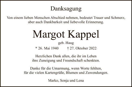 Anzeige von Margot Kappel von Reutlinger General-Anzeiger