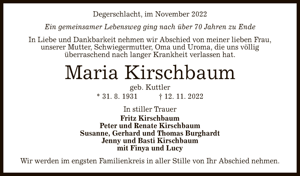  Traueranzeige für Maria Kirschbaum vom 19.11.2022 aus Reutlinger General-Anzeiger