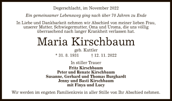 Anzeige von Maria Kirschbaum von Reutlinger General-Anzeiger