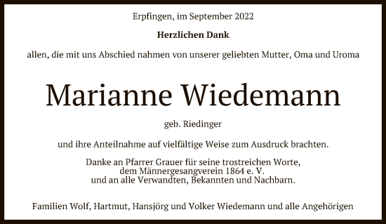 Anzeige von Marianne Wiedemann von Reutlinger General-Anzeiger